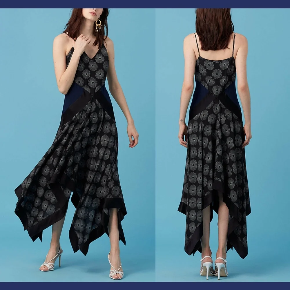 NWT Diane Von Furtenberg Scarf Hem Midi Dress in Navy/Black [SZ 6 ]‎ # - Picture 2 of 8